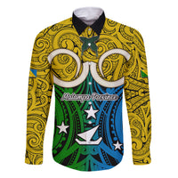 Vanuatu Malampa Province Family Matching Tank Maxi Dress and Hawaiian Shirt Pig Tusk Mix Maori Pattern and Namele Leaf LT03 Dad's Shirt - Long Sleeve Yellow - Polynesian Pride
