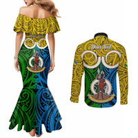 Personalised Vanuatu Malampa Province Couples Matching Mermaid Dress and Long Sleeve Button Shirts Pig Tusk Mix Maori Pattern and Namele Leaf LT03 - Polynesian Pride