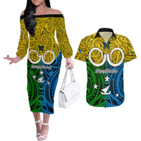 Personalised Vanuatu Malampa Province Couples Matching Off The Shoulder Long Sleeve Dress and Hawaiian Shirt Pig Tusk Mix Maori Pattern and Namele Leaf LT03 Yellow - Polynesian Pride