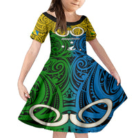 Personalised Vanuatu Malampa Province Family Matching Short Sleeve Bodycon Dress and Hawaiian Shirt Pig Tusk Mix Maori Pattern and Namele Leaf LT03 Daughter's Dress Yellow - Polynesian Pride