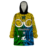 Personalised Vanuatu Malampa Province Wearable Blanket Hoodie Pig Tusk Mix Maori Pattern and Namele Leaf LT03 One Size Yellow - Polynesian Pride