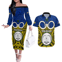 Personalised Vanuatu Torba Province Couples Matching Off The Shoulder Long Sleeve Dress and Hawaiian Shirt Pig Tusk Mix Maori Pattern and Namele Leaf LT03 Blue - Polynesian Pride
