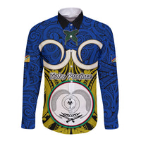 Personalised Vanuatu Torba Province Long Sleeve Button Shirt Pig Tusk Mix Maori Pattern and Namele Leaf LT03 Unisex Blue - Polynesian Pride