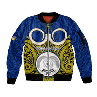 Personalised Vanuatu Torba Province Sleeve Zip Bomber Jacket Pig Tusk Mix Maori Pattern and Namele Leaf LT03 Unisex Blue - Polynesian Pride
