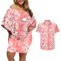 Hawaii Kauai Island Couples Matching Off Shoulder Short Dress and Hawaiian Shirt Hibiscus Pattern Seamless Tribal Simple Pink Pastel LT03 Pink - Polynesian Pride