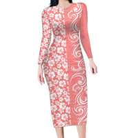 Hawaii Kauai Island Family Matching Long Sleeve Bodycon Dress and Hawaiian Shirt Hibiscus Pattern Seamless Tribal Simple Pink Pastel LT03 Mom's Dress Pink - Polynesian Pride