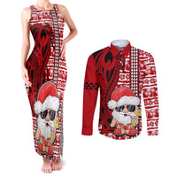 Mele Kalikimaka Hawaii Christmas Couples Matching Tank Maxi Dress and Long Sleeve Button Shirt Santa Claus Kakau Tribal Mix Polynesia Tattoo LT03 Red - Polynesian Pride
