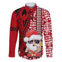 Mele Kalikimaka Hawaii Christmas Family Matching Puletasi Dress and Hawaiian Shirt Santa Claus Kakau Tribal Mix Polynesia Tattoo LT03 Dad's Shirt - Long Sleeve Red - Polynesian Pride