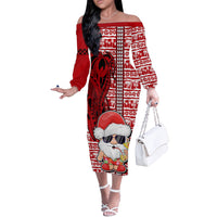 Custom Mele Kalikimaka Hawaii Christmas Off The Shoulder Long Sleeve Dress Santa Claus Kakau Tribal Mix Polynesia Tattoo LT03 Women Red - Polynesian Pride
