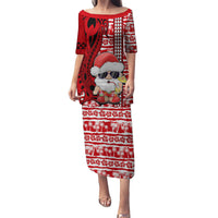 Custom Mele Kalikimaka Hawaii Christmas Puletasi Santa Claus Kakau Tribal Mix Polynesia Tattoo LT03 Long Dress Red - Polynesian Pride