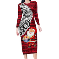 French Polynesia Christmas Family Matching Long Sleeve Bodycon Dress and Hawaiian Shirt Santa Hold Seal with Polynesian Tribal Tattoo LT03 Mom's Dress Red - Polynesian Pride
