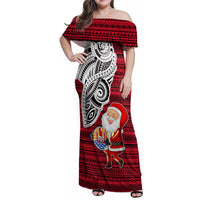 Custom French Polynesia Christmas Family Matching Off Shoulder Maxi Dress and Hawaiian Shirt Santa Hold Seal with Polynesian Tribal Tattoo LT03 Mom's Dress Red - Polynesian Pride