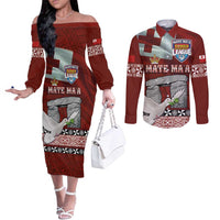 Mate Ma'a Tonga Couples Matching Off The Shoulder Long Sleeve Dress and Long Sleeve Button Shirt Haʻamonga ʻa Maui and White Dove - Tongan Kupesi Ngatu