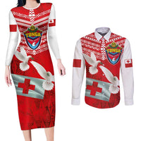 Mate Ma'a Tonga Couples Matching Long Sleeve Bodycon Dress and Long Sleeve Button Shirt Douple White Dove and Kupesi Ngatu Art Tattoo