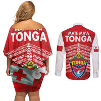 Mate Ma'a Tonga Couples Matching Off Shoulder Short Dress and Long Sleeve Button Shirt Douple White Dove and Kupesi Ngatu Art Tattoo