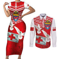 Mate Ma'a Tonga Couples Matching Short Sleeve Bodycon Dress and Long Sleeve Button Shirt Douple White Dove and Kupesi Ngatu Art Tattoo