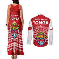 Mate Ma'a Tonga Couples Matching Tank Maxi Dress and Long Sleeve Button Shirt Douple White Dove and Kupesi Ngatu Art Tattoo