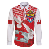 Mate Ma'a Tonga Family Matching Long Sleeve Bodycon Dress and Hawaiian Shirt Double White Dove and Kupesi Ngatu Art Tattoo LT03 Dad's Shirt - Long Sleeve Red - Polynesian Pride