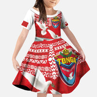 Mate Ma'a Tonga Family Matching Short Sleeve Bodycon Dress and Hawaiian Shirt Double White Dove and Kupesi Ngatu Art Tattoo LT03 Daughter's Dress Red - Polynesian Pride