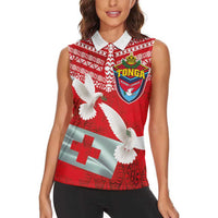 Mate Ma'a Tonga Women Sleeveless Polo Shirt Douple White Dove and Kupesi Ngatu Art Tattoo