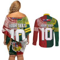 Custom Mate Ma'a Tonga and Australia Kangaroo Couples Matching Off Shoulder Short Dress and Long Sleeve Button Shirt Nation Seal with Mascot Aboriginal and Tongan Kupesi Ngatu Art