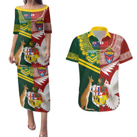Custom Mate Ma'a Tonga and Australia Kangaroo Couples Matching Puletasi and Hawaiian Shirt Nation Seal with Mascot Aboriginal and Tongan Kupesi Ngatu Art
