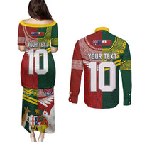 Custom Mate Ma'a Tonga and Australia Kangaroo Couples Matching Puletasi and Long Sleeve Button Shirt Nation Seal with Mascot Aboriginal and Tongan Kupesi Ngatu Art