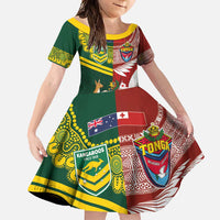 Custom Mate Ma'a Tonga and Australia Kangaroo Family Matching Long Sleeve Bodycon Dress and Hawaiian Shirt Nation Seal with Mascot Aboriginal and Tongan Kupesi Ngatu Art LT03 Daughter's Dress Red - Polynesian Pride