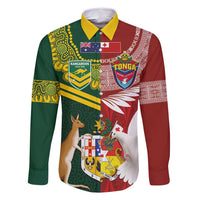 Custom Mate Ma'a Tonga and Australia Kangaroo Family Matching Tank Maxi Dress and Hawaiian Shirt Nation Seal with Mascot Aboriginal and Tongan Kupesi Ngatu Art LT03 Dad's Shirt - Long Sleeve Red - Polynesian Pride