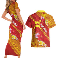 Rotuma Island Couples Matching Short Sleeve Bodycon Dress and Hawaiian Shirt Fijian Tapa with Polynesian Art and Hibiscus