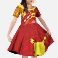 Rotuma Island Family Matching Short Sleeve Bodycon Dress and Hawaiian Shirt Fijian Tapa with Polynesian Art and Hibiscus LT03 Daughter's Dress Red - Polynesian Pride