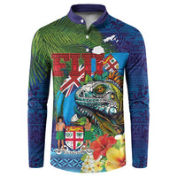 Fiji Iguana-Coat of Arms Button Sweatshirt with Hibiscus and Plumeria Palm Tree Tapa Art