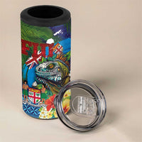 Fiji Iguana-Coat of Arms 4 in 1 Can Cooler Tumbler with Hibiscus and Plumeria Palm Tree Tapa Art