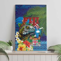 Fiji Iguana-Coat of Arms Canvas Wall Art with Hibiscus and Plumeria Palm Tree Tapa Art