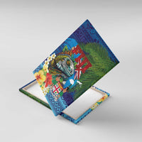 Fiji Iguana-Coat of Arms Canvas Wall Art with Hibiscus and Plumeria Palm Tree Tapa Art
