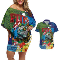 Fiji Iguana-Coat of Arms Couples Matching Off Shoulder Short Dress and Hawaiian Shirt with Hibiscus and Plumeria Palm Tree Tapa Art