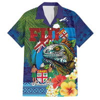Fiji Iguana-Coat of Arms Family Matching Long Sleeve Bodycon Dress and Hawaiian Shirt with Hibiscus and Plumeria Palm Tree Tapa Art