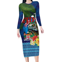 Fiji Iguana-Coat of Arms Family Matching Long Sleeve Bodycon Dress and Hawaiian Shirt with Hibiscus and Plumeria Palm Tree Tapa Art