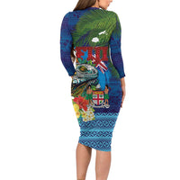 Fiji Iguana-Coat of Arms Family Matching Long Sleeve Bodycon Dress and Hawaiian Shirt with Hibiscus and Plumeria Palm Tree Tapa Art