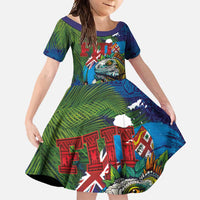 Fiji Iguana-Coat of Arms Family Matching Mermaid Dress and Hawaiian Shirt with Hibiscus and Plumeria Palm Tree Tapa Art LT03 Daughter's Dress Blue - Polynesian Pride