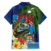 Fiji Iguana-Coat of Arms Family Matching Off The Shoulder Long Sleeve Dress and Hawaiian Shirt with Hibiscus and Plumeria Palm Tree Tapa Art