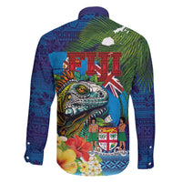 Fiji Iguana-Coat of Arms Family Matching Off The Shoulder Long Sleeve Dress and Hawaiian Shirt with Hibiscus and Plumeria Palm Tree Tapa Art
