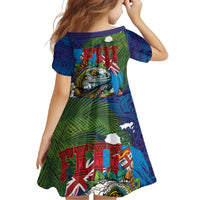 Fiji Iguana-Coat of Arms Family Matching Off Shoulder Maxi Dress and Hawaiian Shirt with Hibiscus and Plumeria Palm Tree Tapa Art