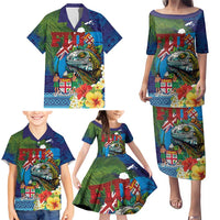 Fiji Iguana-Coat of Arms Family Matching Puletasi and Hawaiian Shirt with Hibiscus and Plumeria Palm Tree Tapa Art