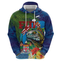 Fiji Iguana-Coat of Arms Hoodie with Hibiscus and Plumeria Palm Tree Tapa Art