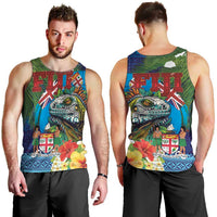 Fiji Iguana-Coat of Arms Men Tank Top with Hibiscus and Plumeria Palm Tree Tapa Art