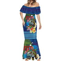 Fiji Iguana-Coat of Arms Mermaid Dress with Hibiscus and Plumeria Palm Tree Tapa Art