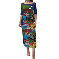 Fiji Iguana-Coat of Arms Puletasi with Hibiscus and Plumeria Palm Tree Tapa Art