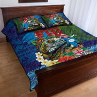 Fiji Iguana-Coat of Arms Quilt Bed Set with Hibiscus and Plumeria Palm Tree Tapa Art