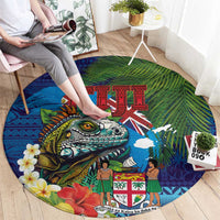 Fiji Iguana-Coat of Arms Round Carpet with Hibiscus and Plumeria Palm Tree Tapa Art
